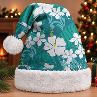 Teal Hawaiian Hibiscus Monstera Christmas Santa Hat Grunge Stylized LT01 With Fur Teal - Polynesian Pride
