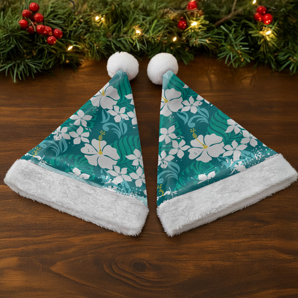 Teal Hawaiian Hibiscus Monstera Christmas Santa Hat Grunge Stylized LT01 - Polynesian Pride