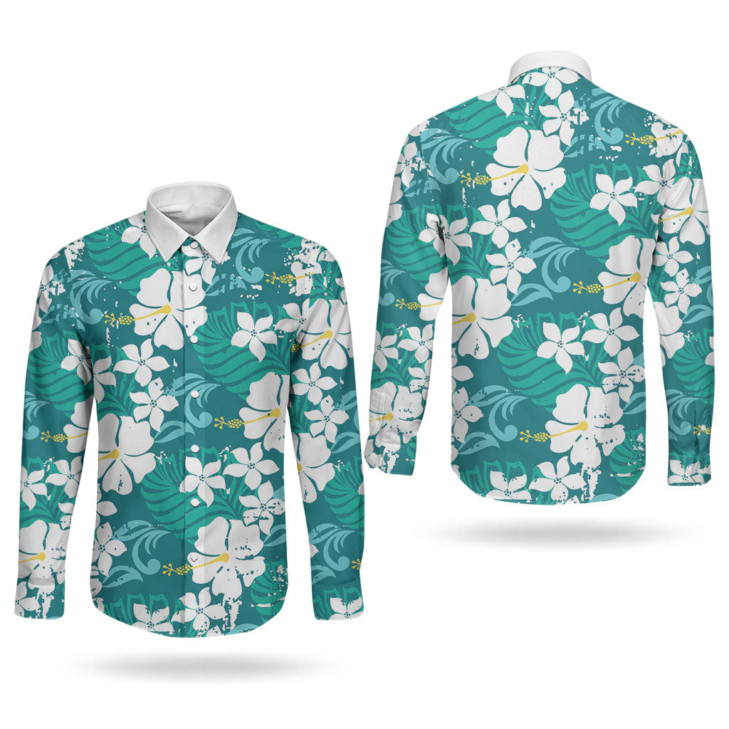 Teal Hawaiian Hibiscus Monstera Couples Matching Off Shoulder Short Dress and Long Sleeve Button Shirt Grunge Stylized LT01 - Polynesian Pride