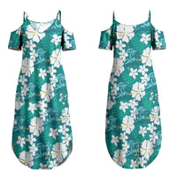 Teal Hawaiian Hibiscus Monstera Couples Matching Summer Maxi Dress and Long Sleeve Button Shirt Grunge Stylized LT01 - Polynesian Pride