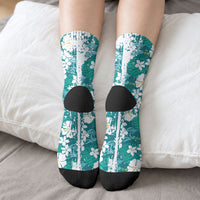 Teal Hawaiian Hibiscus Monstera Crew Socks Grunge Stylized LT01 - Polynesian Pride