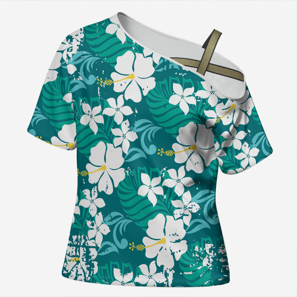 Teal Hawaiian Hibiscus Monstera Cross Shoulder Shirt Grunge Stylized