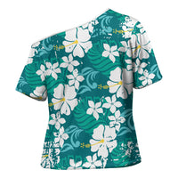 Teal Hawaiian Hibiscus Monstera Cross Shoulder Shirt Grunge Stylized