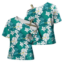 Teal Hawaiian Hibiscus Monstera Cross Shoulder Shirt Grunge Stylized