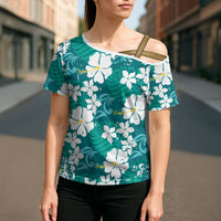 Teal Hawaiian Hibiscus Monstera Cross Shoulder Shirt Grunge Stylized