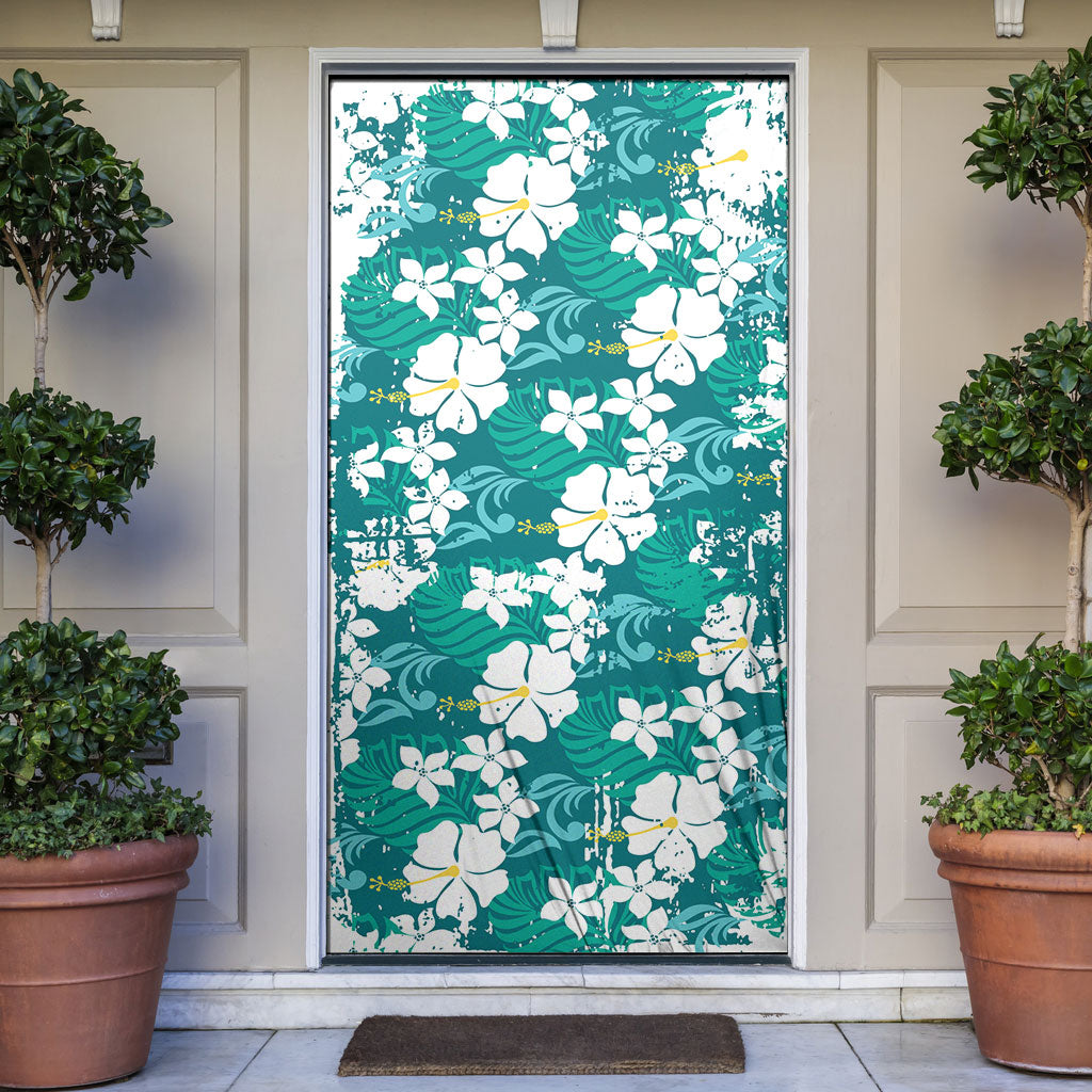 Teal Hawaiian Hibiscus Monstera Door Cover Grunge Stylized