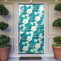 Teal Hawaiian Hibiscus Monstera Door Cover Grunge Stylized