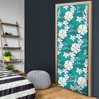 Teal Hawaiian Hibiscus Monstera Door Cover Grunge Stylized