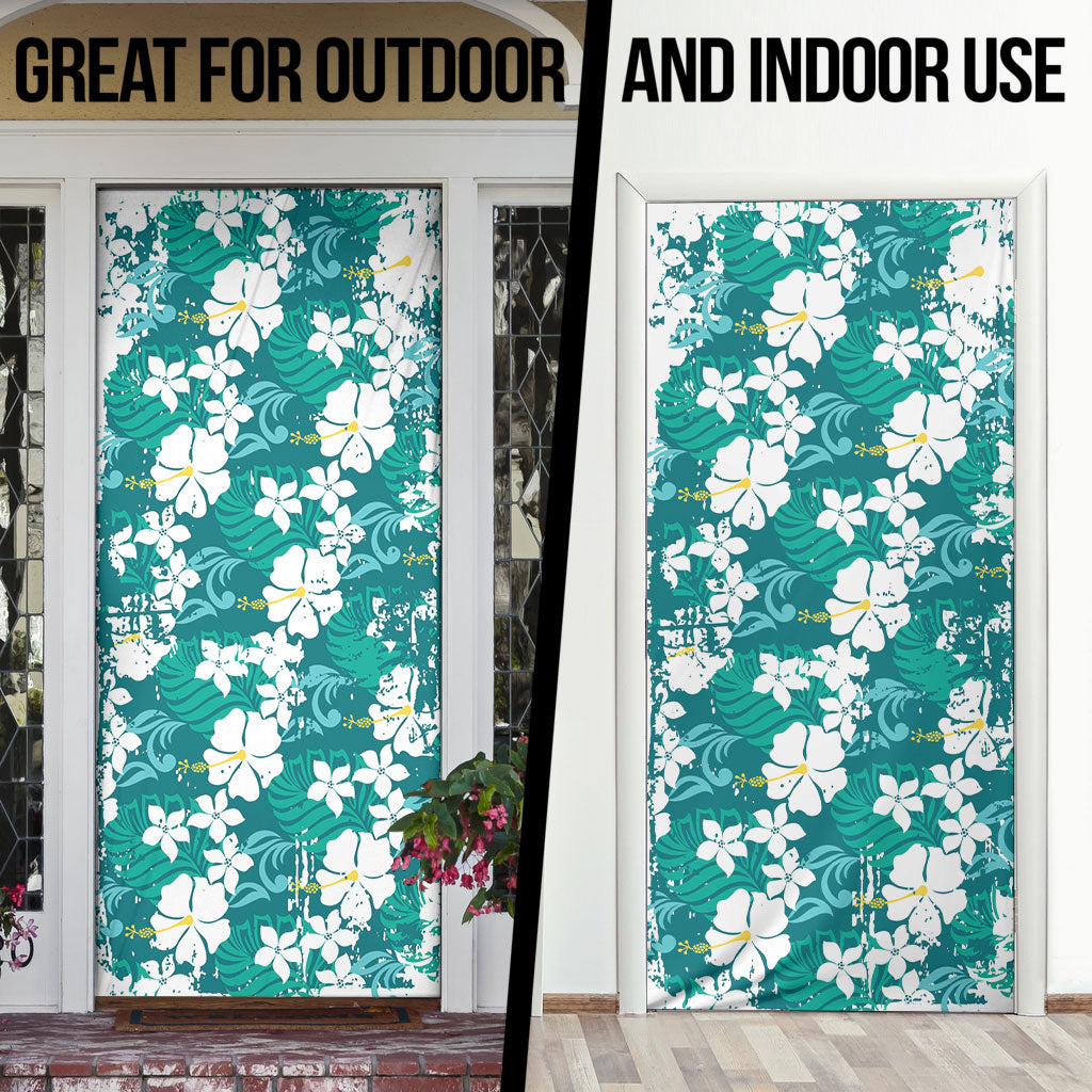 Teal Hawaiian Hibiscus Monstera Door Cover Grunge Stylized