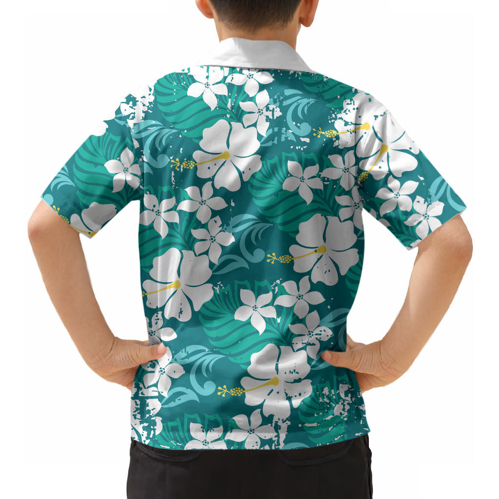 Teal Hawaiian Hibiscus Monstera Hawaiian Shirt Grunge Stylized