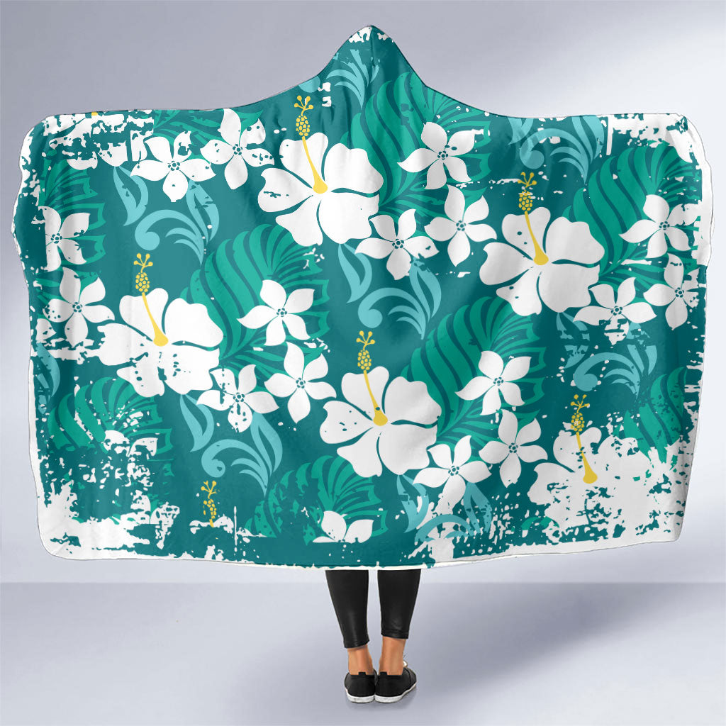 Teal Hawaiian Hibiscus Monstera Hooded Blanket Grunge Stylized
