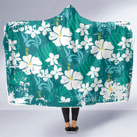 Teal Hawaiian Hibiscus Monstera Hooded Blanket Grunge Stylized
