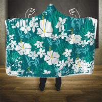 Teal Hawaiian Hibiscus Monstera Hooded Blanket Grunge Stylized
