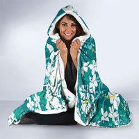 Teal Hawaiian Hibiscus Monstera Hooded Blanket Grunge Stylized