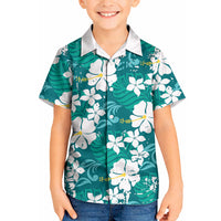 Teal Hawaiian Hibiscus Monstera Kid Hawaiian Shirt Grunge Stylized