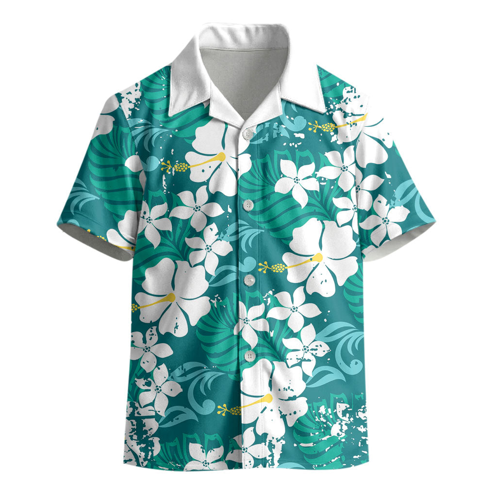 Teal Hawaiian Hibiscus Monstera Kid Hawaiian Shirt Grunge Stylized