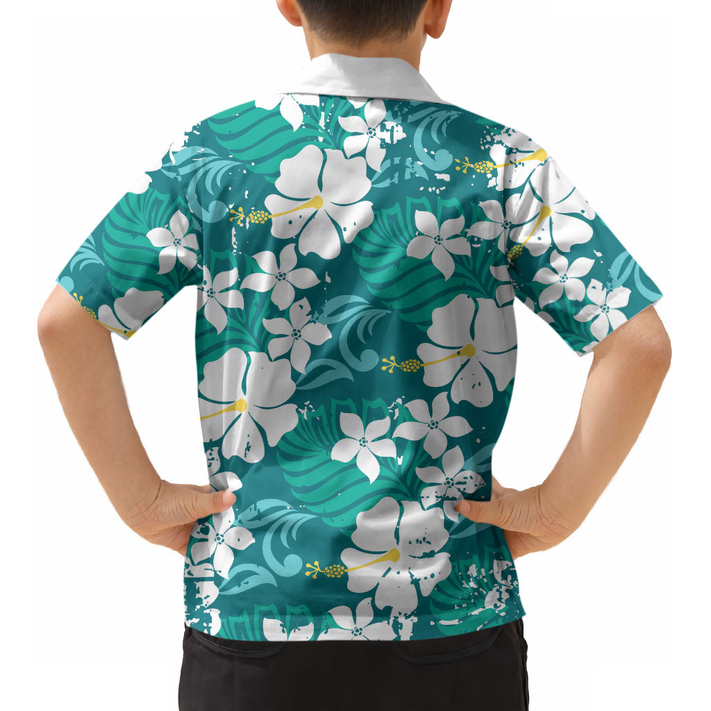 Teal Hawaiian Hibiscus Monstera Kid Hawaiian Shirt Grunge Stylized