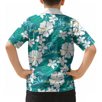 Teal Hawaiian Hibiscus Monstera Kid Hawaiian Shirt Grunge Stylized