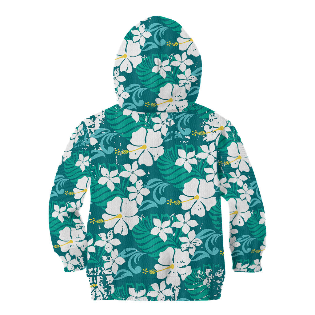 Teal Hawaiian Hibiscus Monstera Kid Hoodie Grunge Stylized