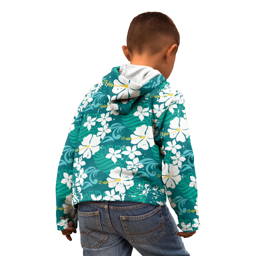Teal Hawaiian Hibiscus Monstera Kid Hoodie Grunge Stylized