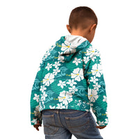 Teal Hawaiian Hibiscus Monstera Kid Hoodie Grunge Stylized