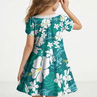 Teal Hawaiian Hibiscus Monstera Kid Short Sleeve Dress Grunge Stylized LT01 - Polynesian Pride