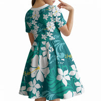 Teal Hawaiian Hibiscus Monstera Kid Short Sleeve Dress Grunge Stylized LT01 - Polynesian Pride