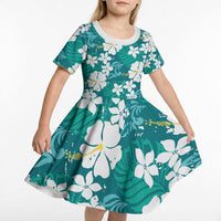 Teal Hawaiian Hibiscus Monstera Kid Short Sleeve Dress Grunge Stylized LT01 - Polynesian Pride