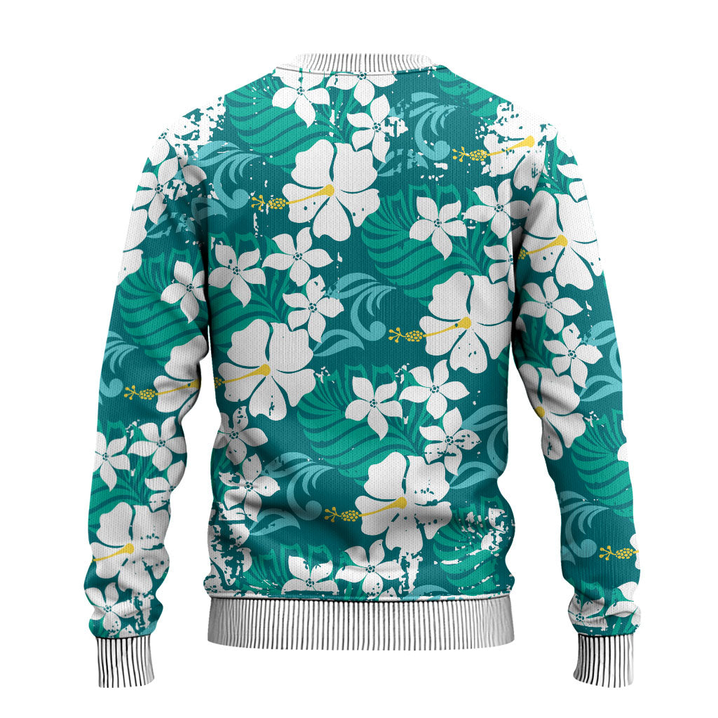 Teal Hawaiian Hibiscus Monstera Ugly Christmas Sweater Grunge Stylized LT01 - Polynesian Pride