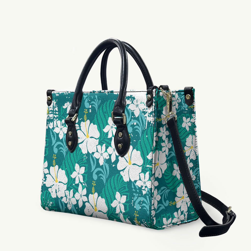 Teal Hawaiian Hibiscus Monstera Leather Bag Grunge Stylized