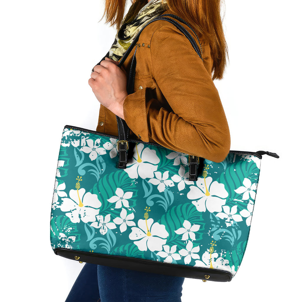 Teal Hawaiian Hibiscus Monstera Leather Tote Bag Grunge Stylized LT01 Teal - Polynesian Pride