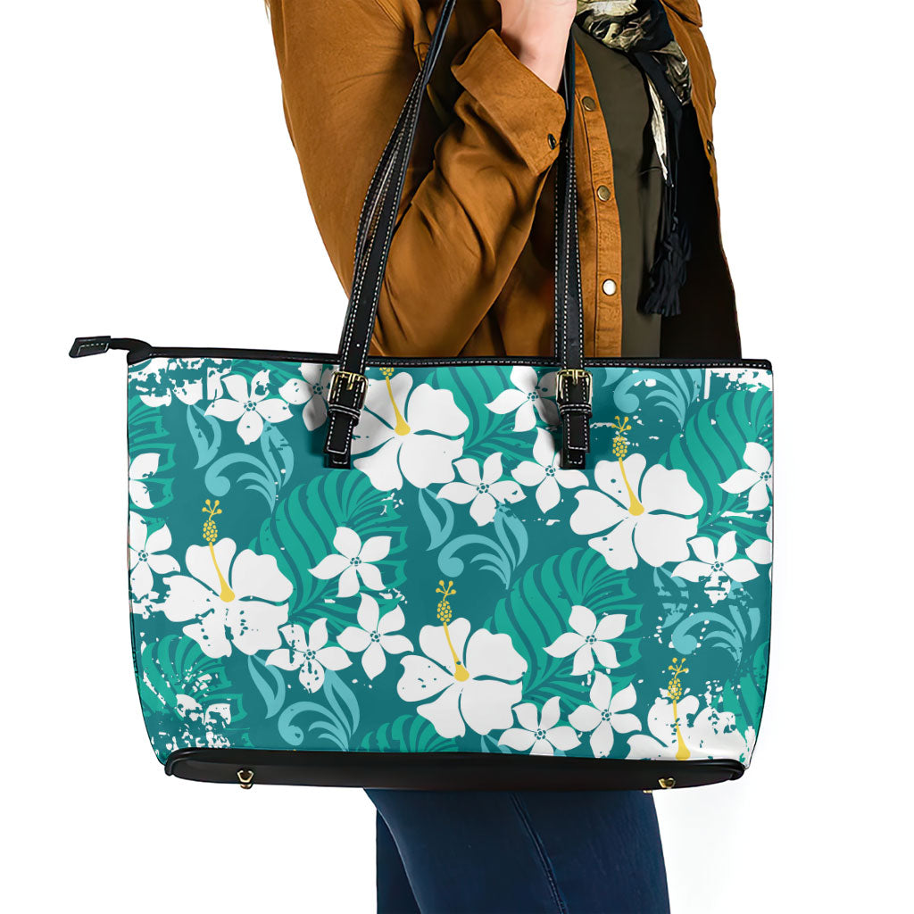 Teal Hawaiian Hibiscus Monstera Leather Tote Bag Grunge Stylized