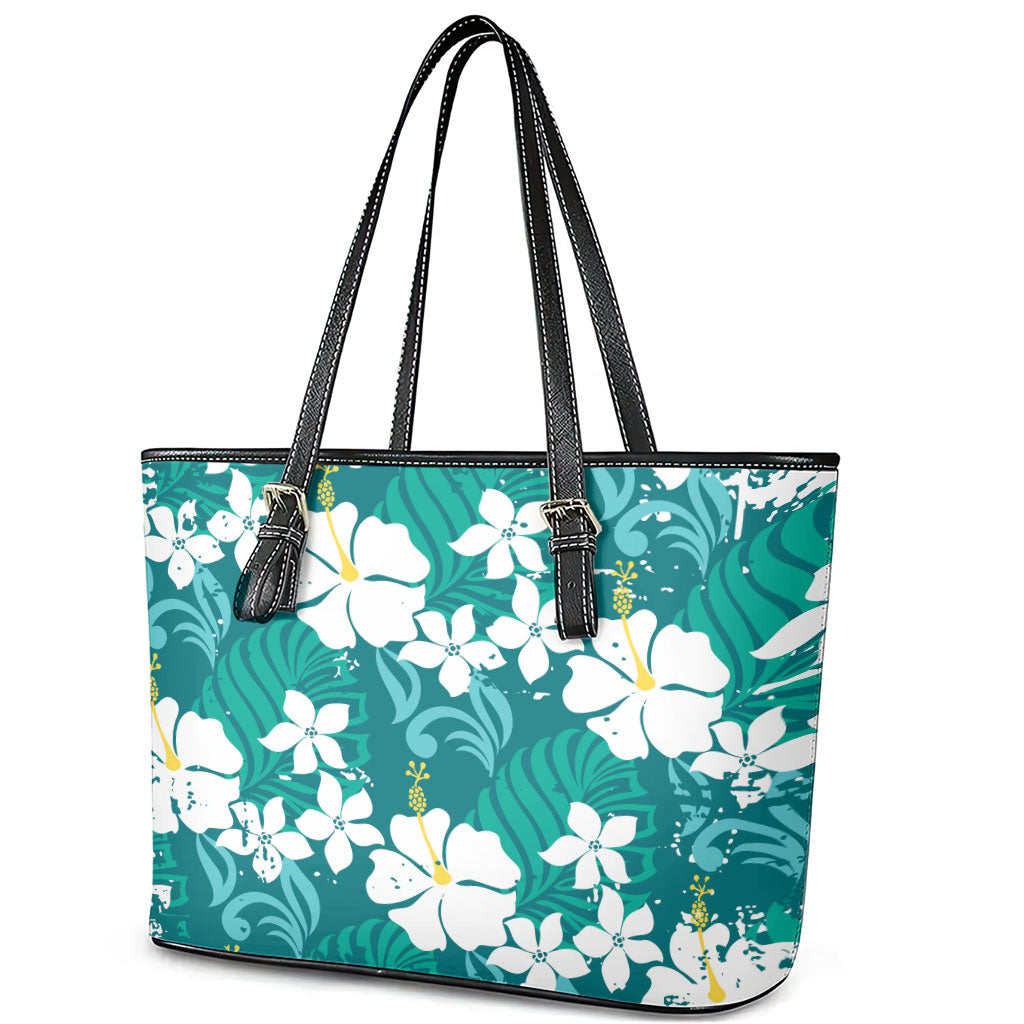 Teal Hawaiian Hibiscus Monstera Leather Tote Bag Grunge Stylized