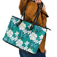Teal Hawaiian Hibiscus Monstera Leather Tote Bag Grunge Stylized