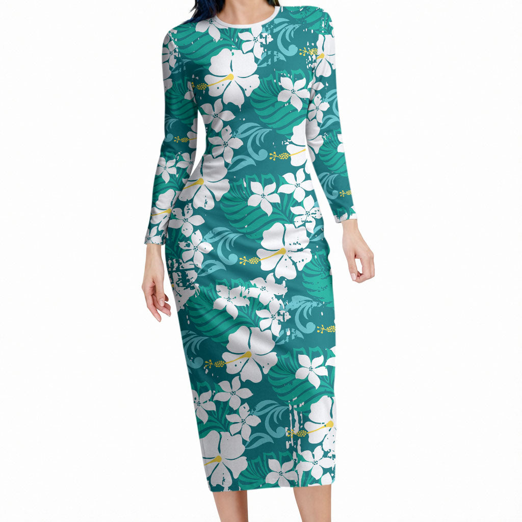 Teal Hawaiian Hibiscus Monstera Long Sleeve Bodycon Dress Grunge Stylized LT01 Long Dress Teal - Polynesian Pride