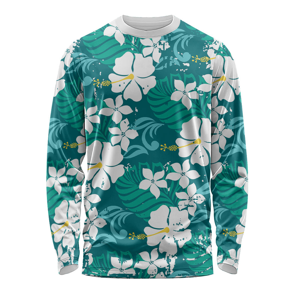 Teal Hawaiian Hibiscus Monstera Long Sleeve Shirt Grunge Stylized LT01 Unisex Teal - Polynesian Pride