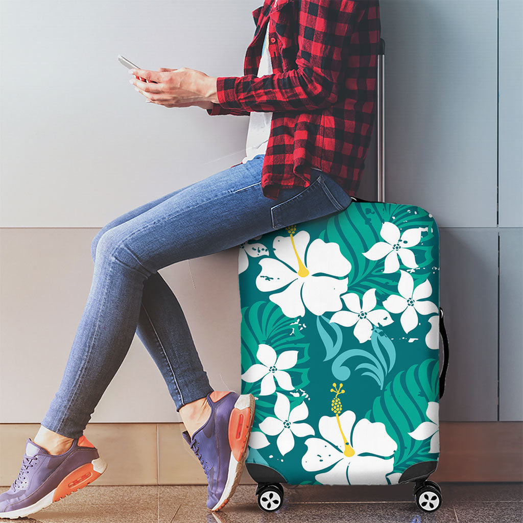 Teal Hawaiian Hibiscus Monstera Luggage Cover Grunge Stylized