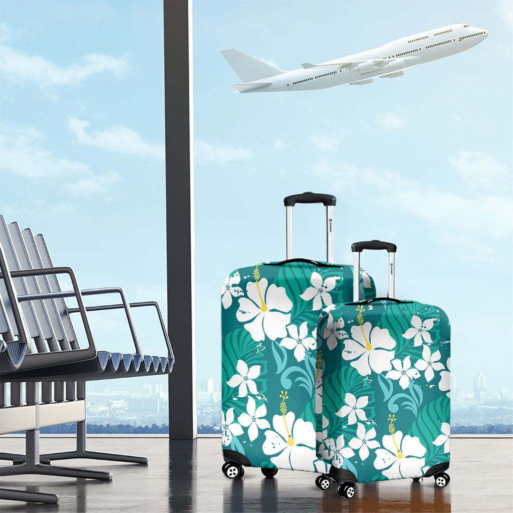 Teal Hawaiian Hibiscus Monstera Luggage Cover Grunge Stylized