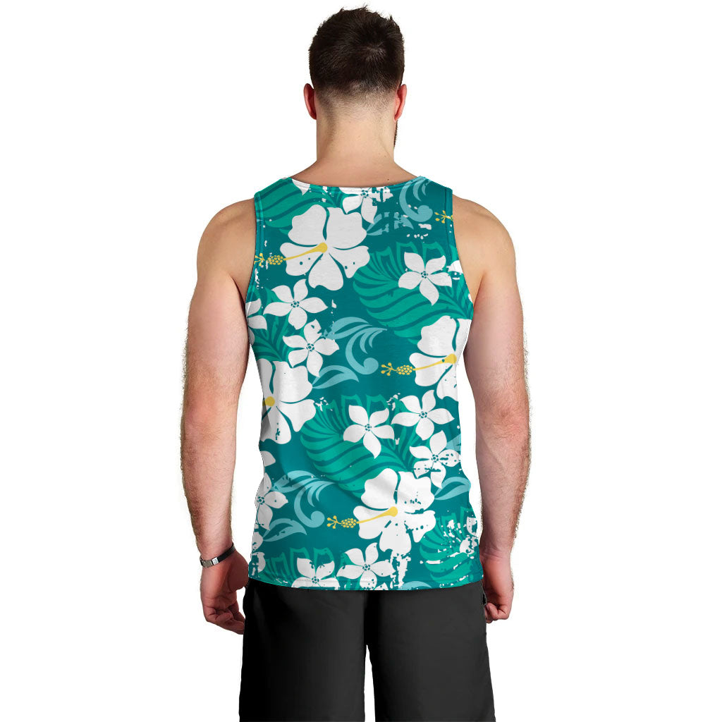 Teal Hawaiian Hibiscus Monstera Men Tank Top Grunge Stylized