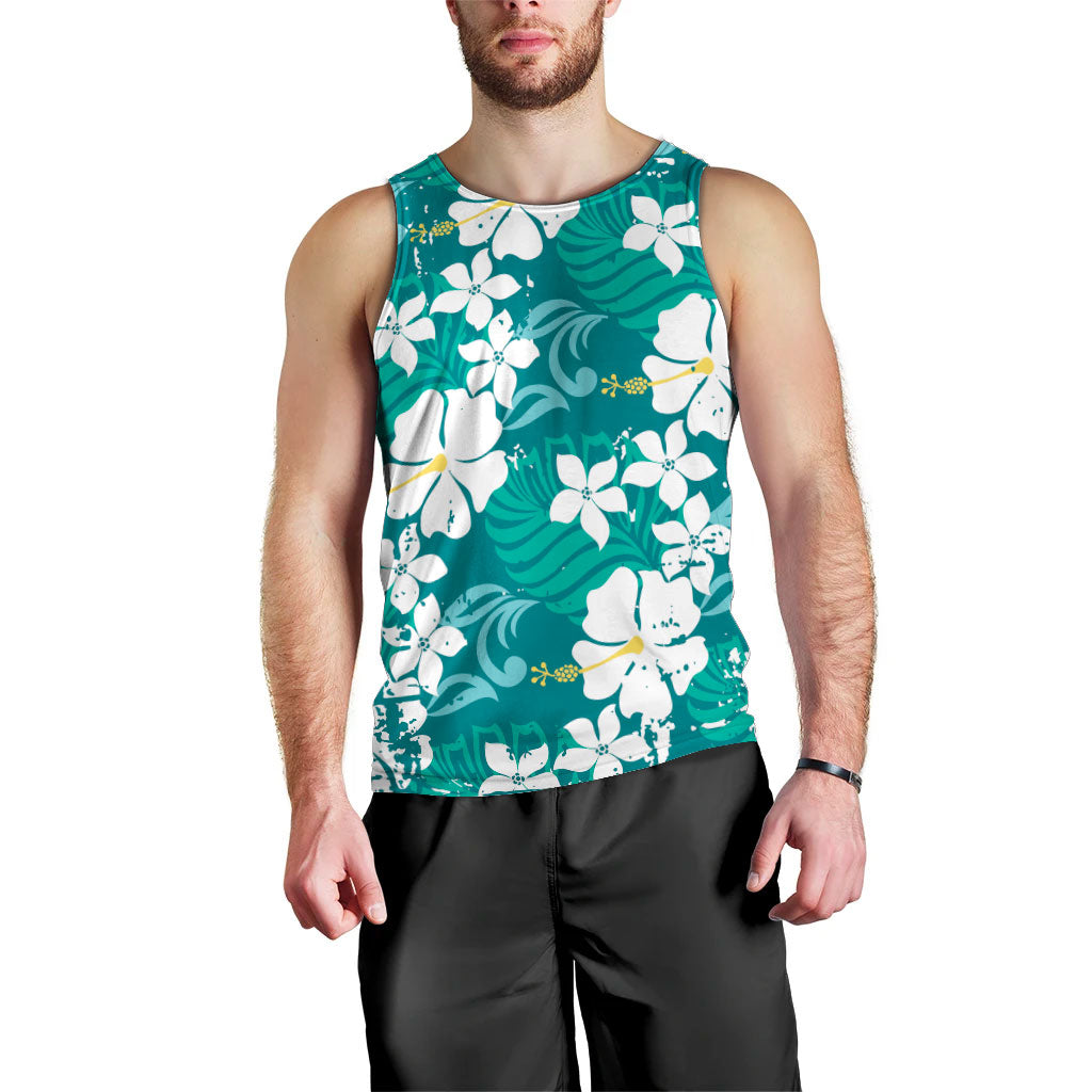 Teal Hawaiian Hibiscus Monstera Men Tank Top Grunge Stylized