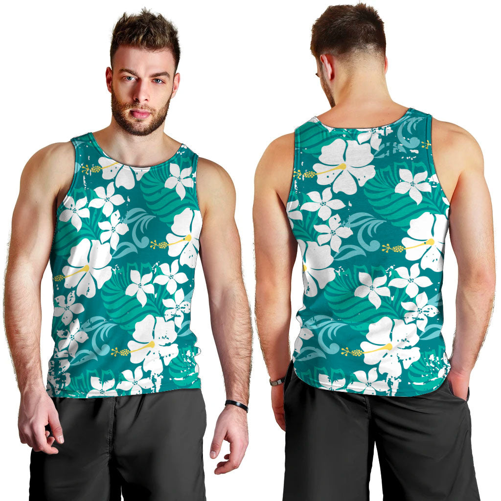 Teal Hawaiian Hibiscus Monstera Men Tank Top Grunge Stylized