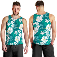 Teal Hawaiian Hibiscus Monstera Men Tank Top Grunge Stylized