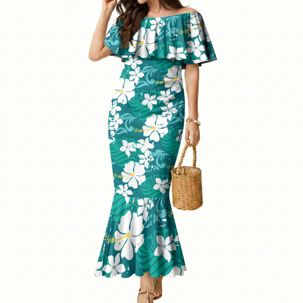 Teal Hawaiian Hibiscus Monstera Mermaid Dress Grunge Stylized