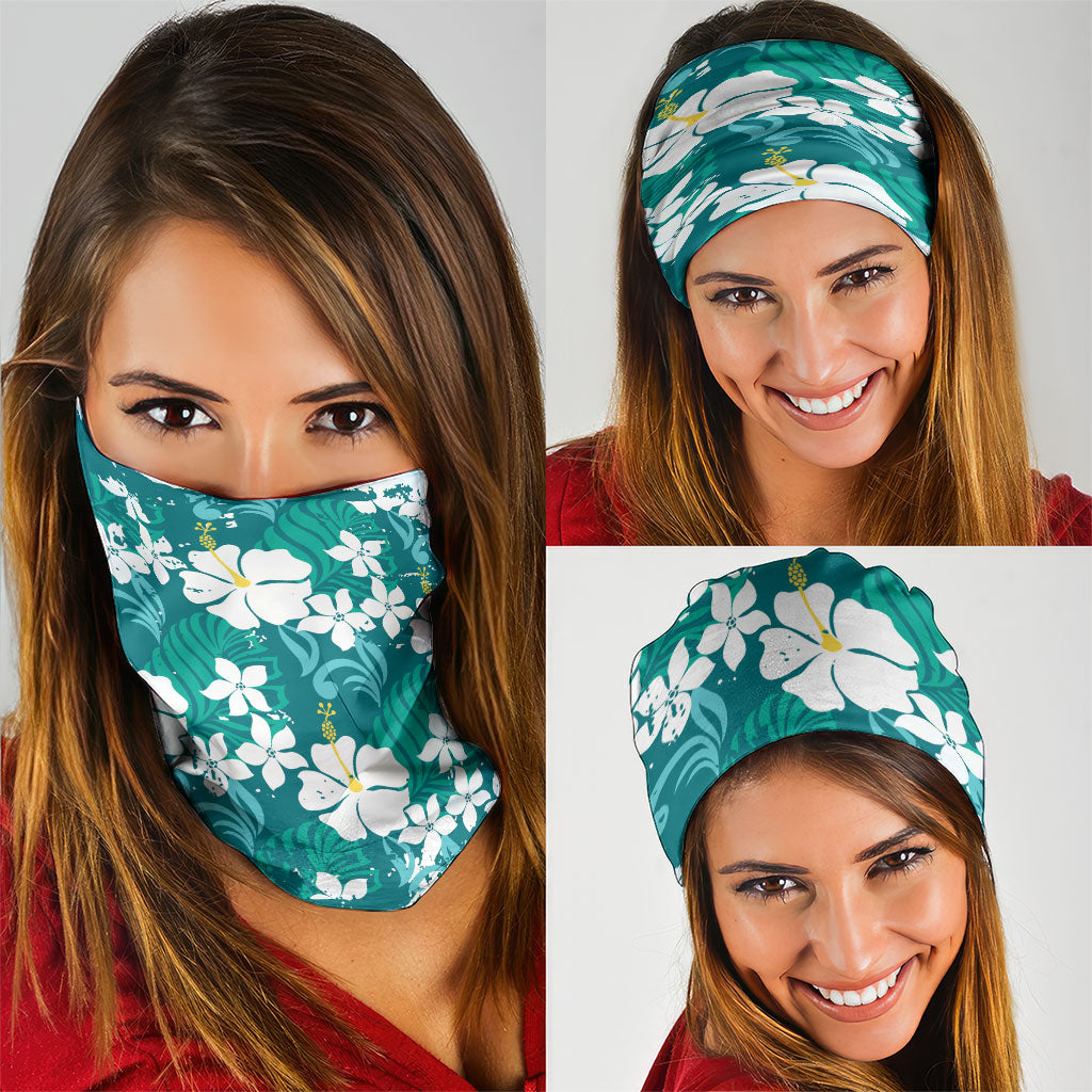 Teal Hawaiian Hibiscus Monstera Neck Gaiter Grunge Stylized LT01 - Polynesian Pride