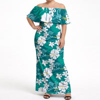 Teal Hawaiian Hibiscus Monstera Off Shoulder Maxi Dress Grunge Stylized LT01 Women Teal - Polynesian Pride