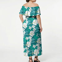 Teal Hawaiian Hibiscus Monstera Off Shoulder Maxi Dress Grunge Stylized LT01 - Polynesian Pride
