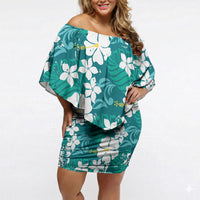 Teal Hawaiian Hibiscus Monstera Off Shoulder Short Dress Grunge Stylized
