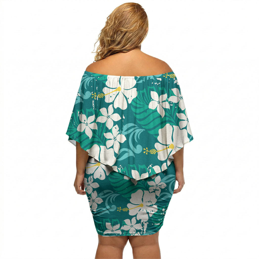 Teal Hawaiian Hibiscus Monstera Off Shoulder Short Dress Grunge Stylized