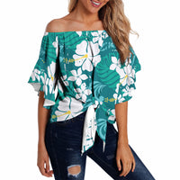 Teal Hawaiian Hibiscus Monstera Off Shoulder Wrap Waist Top Grunge Stylized