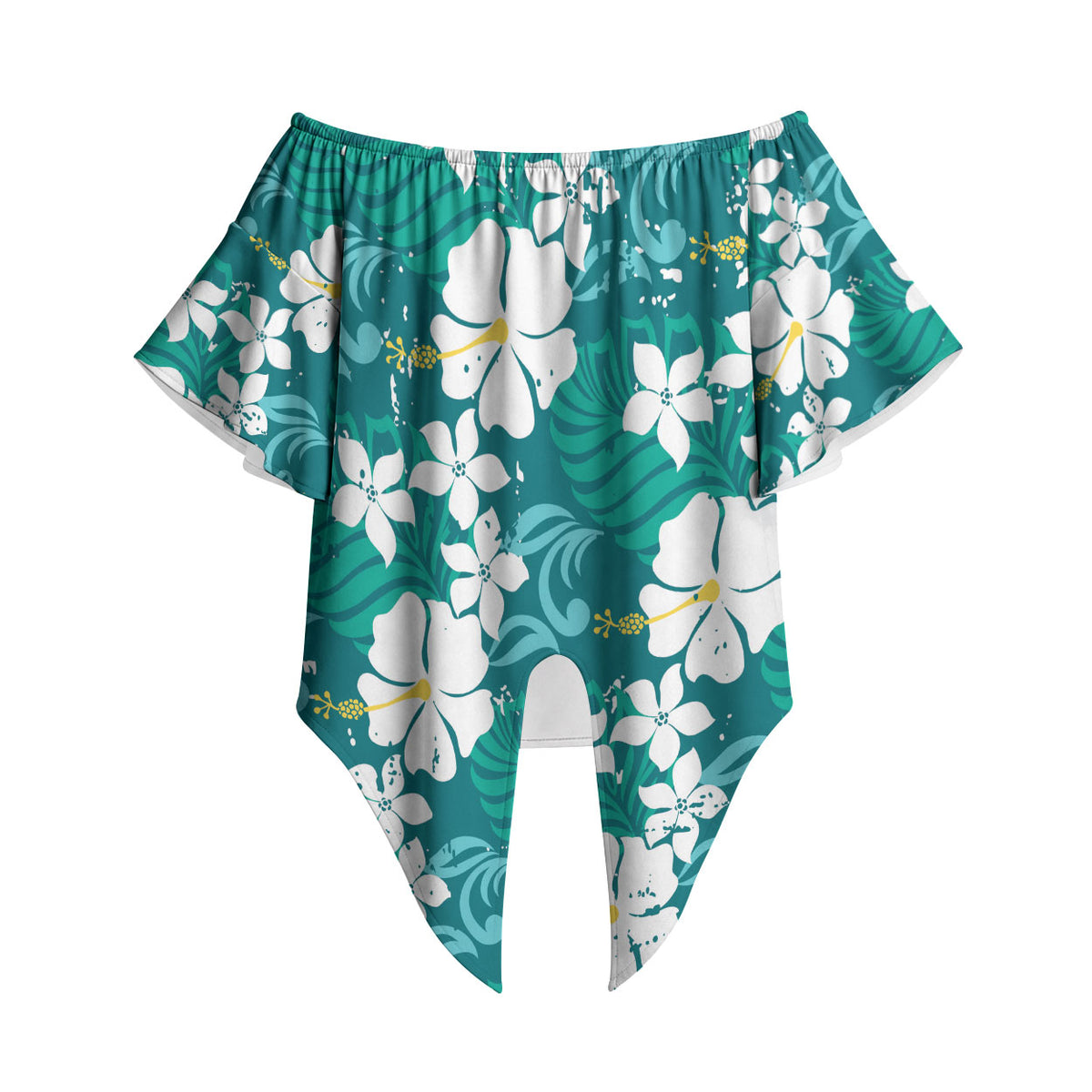 Teal Hawaiian Hibiscus Monstera Off Shoulder Wrap Waist Top Grunge Stylized